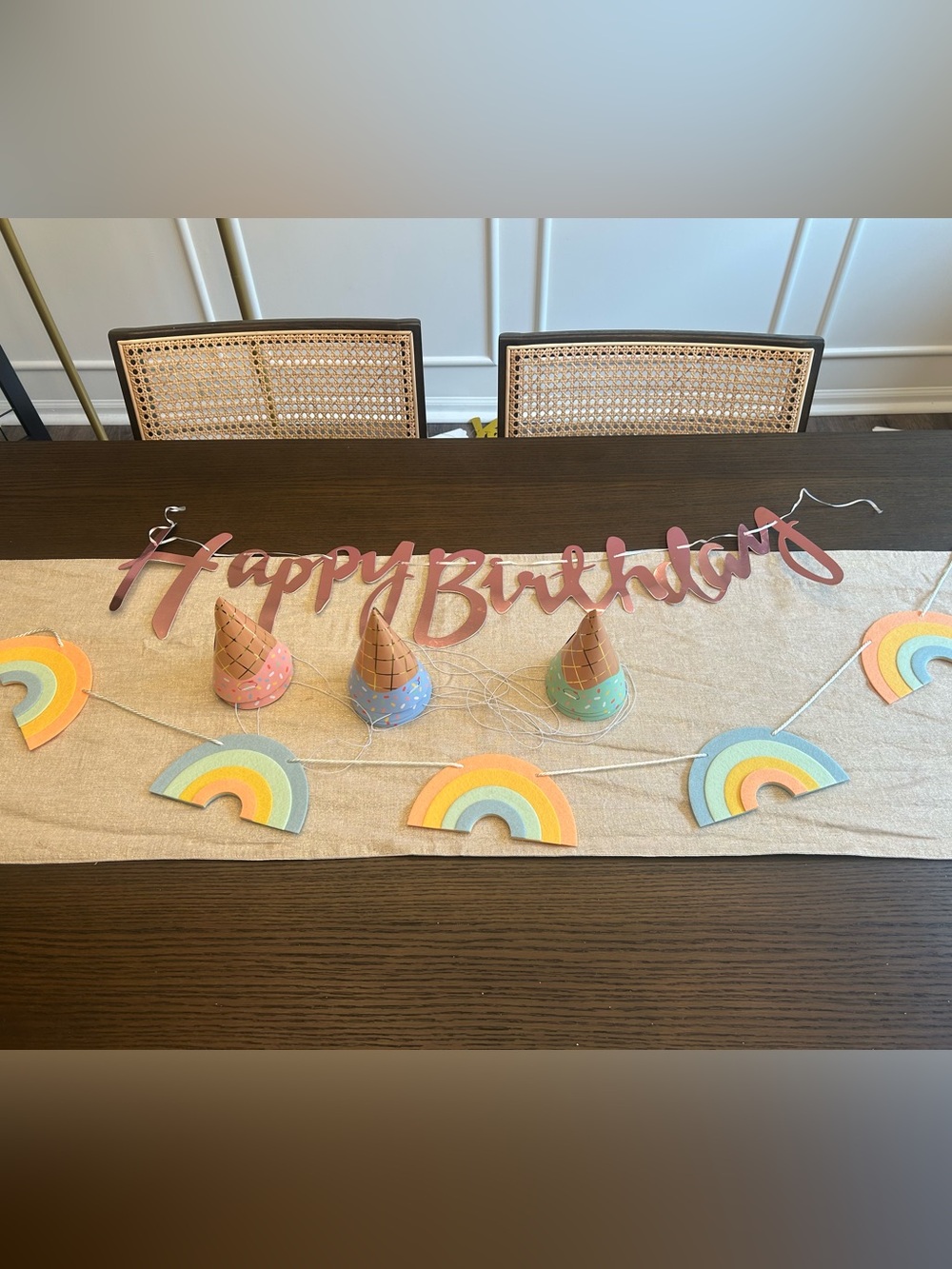 Pastel Birthday Party Decor Bundle – Rainbow Garland, Ice Cream Party Hats,